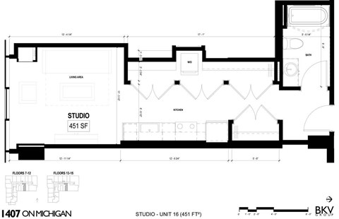 Floor plan for studio, 1 bath, 451 sqft