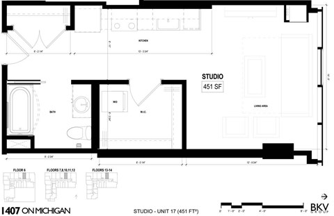 Floor plan for studio, 1 bath, 451 sqft