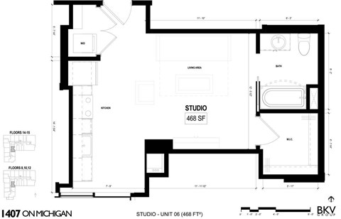 Floor plan for studio, 1 bath, 468 sqft