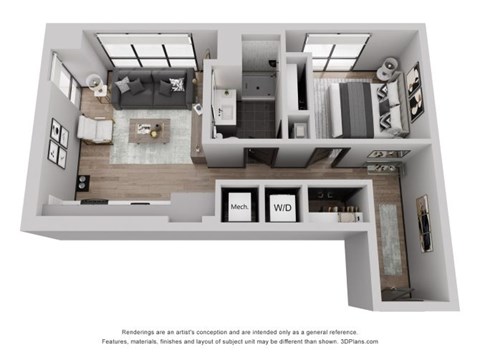 Floor plan for 1 bed, 1 bath, 640 sqft