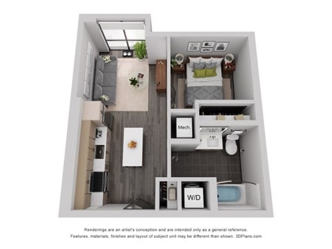Floor plan for 1 bed, 1 bath, 495 sqft