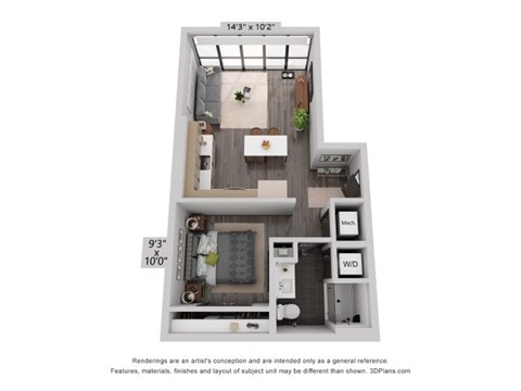 Floor plan for 1 bed, 1 bath, 605 sqft