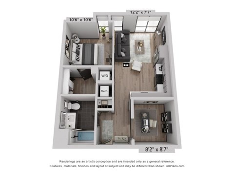 Floor plan for 1 bed, 1 bath, 730 sqft