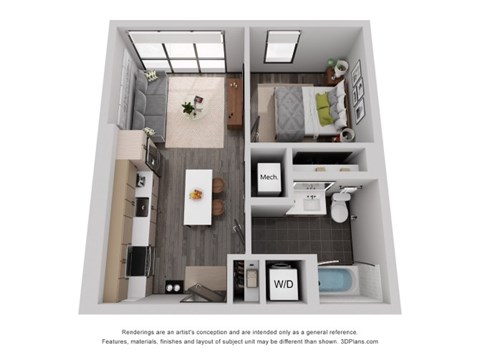 Floor plan for 1 bed, 1 bath, 535 sqft