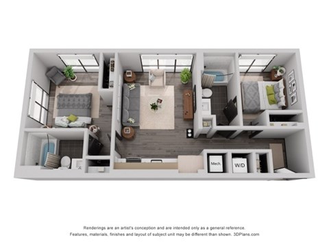 Floor plan for 2 beds, 2 baths, 842 sqft