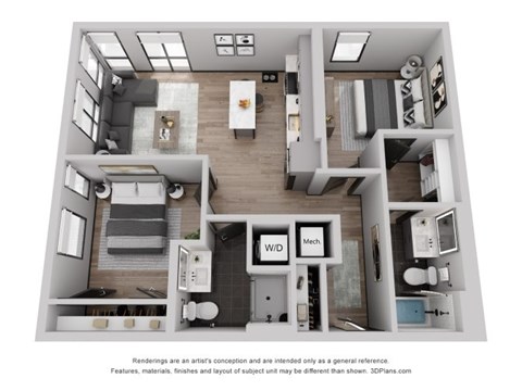 Floor plan for 2 beds, 2 baths, 933 sqft