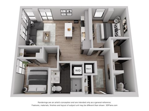 Floor plan for 2 beds, 2 baths, 937 sqft