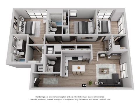 Floor plan for 3 beds, 2 baths, 1321 sqft