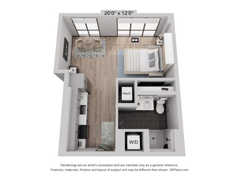 Floor plan for studio, 1 bath, 493 sqft