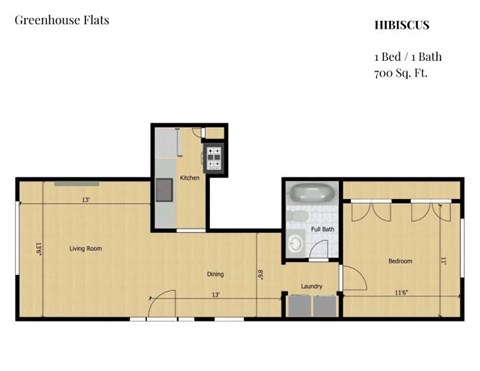 Floor plan for 1 bed, 1 bath, 700 sqft