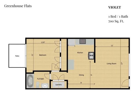 Floor plan for 1 bed, 1 bath, 700 sqft