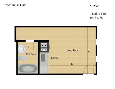 Floor plan for studio, 1 bath, 400 sqft