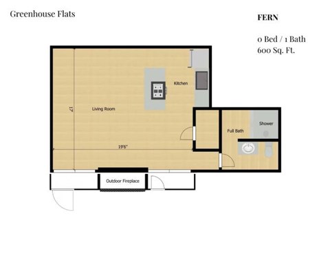 Floor plan for studio, 1 bath, 600 sqft