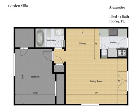 Floor plan for 1 bed, 1 bath, 700 sqft