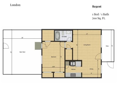Floor plan for 1 bed, 1 bath, 700 sqft