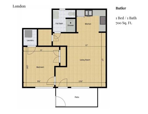 Floor plan for 1 bed, 1 bath, 700 sqft