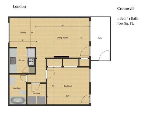 Floor plan for 1 bed, 1 bath, 700 sqft