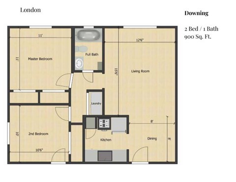 Floor plan for 2 beds, 2 baths, 900 sqft