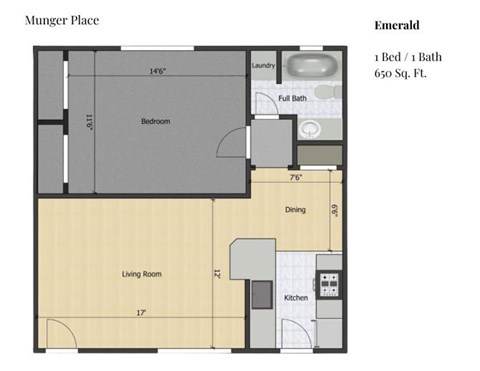 Floor plan for 1 bed, 1 bath, 650 sqft