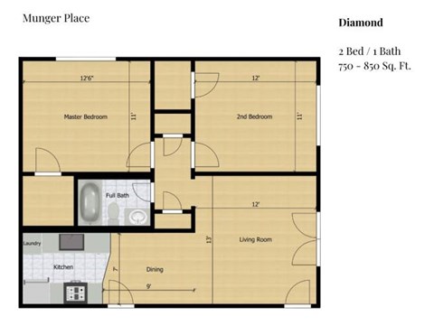 Floor plan for 2 beds, 2 baths, 850 sqft