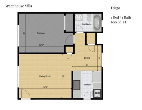 Floor plan for 1 bed, 1 bath, 600 sqft