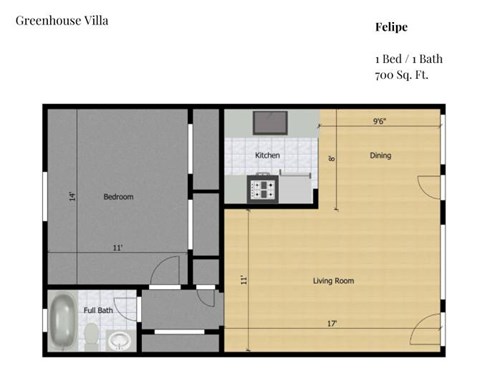 Floor plan for 1 bed, 1 bath, 700 sqft