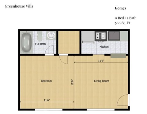 Floor plan for studio, 1 bath, 500 sqft