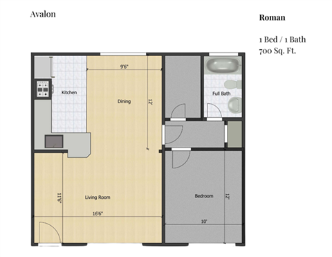 Floor plan for 1 bed, 1 bath, 850 sqft