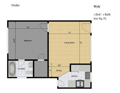 Floor plan for 1 bed, 1 bath, 650 sqft