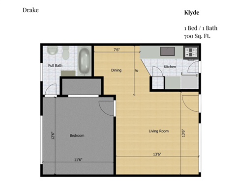 Floor plan for 1 bed, 1 bath, 700 sqft