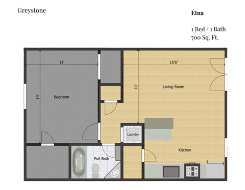 Floor plan for 1 bed, 1 bath, 999 sqft
