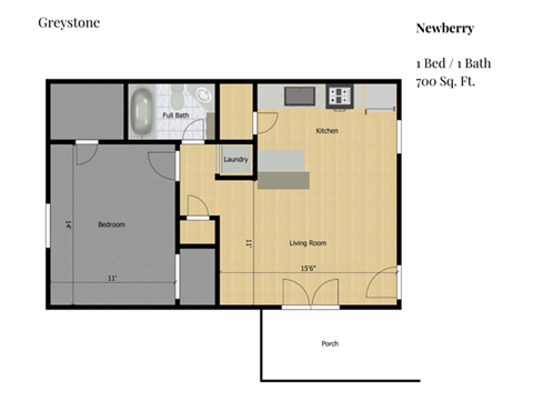 Floor plan for 1 bed, 1 bath, 999 sqft