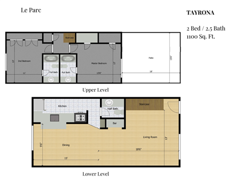 Floor plan for 2 beds, 2 baths, 1100 sqft