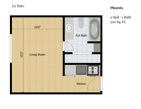 Floor plan for studio, 1 bath, 500 sqft