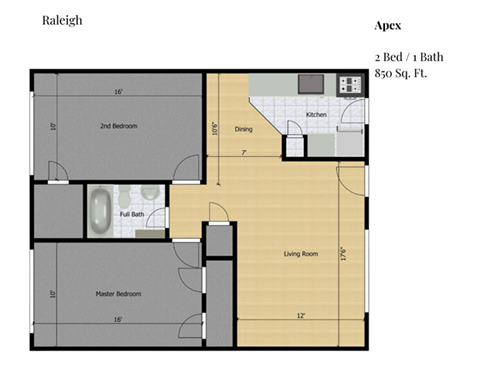 Floor plan for 2 beds, 1 bath, 850 sqft
