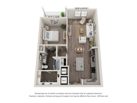 Floor plan for 1 bed, 1 bath, 833 sqft