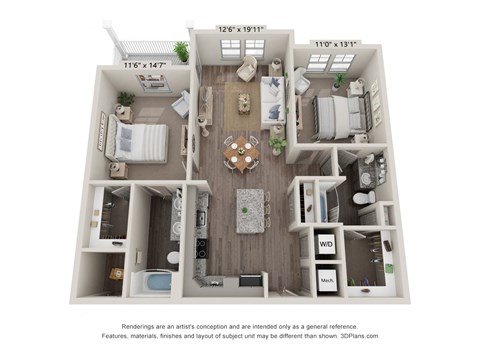 Floor plan for 2 beds, 2 baths, 1146 sqft
