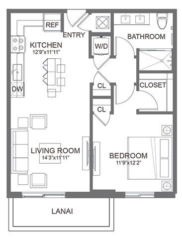 Floor plan for 1 bed, 1 bath, 715 sqft