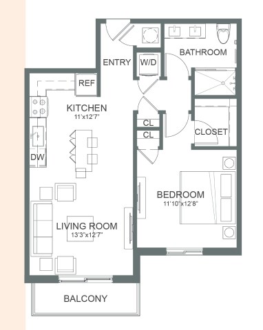 Floor plan for 1 bed, 1 bath, 721 sqft