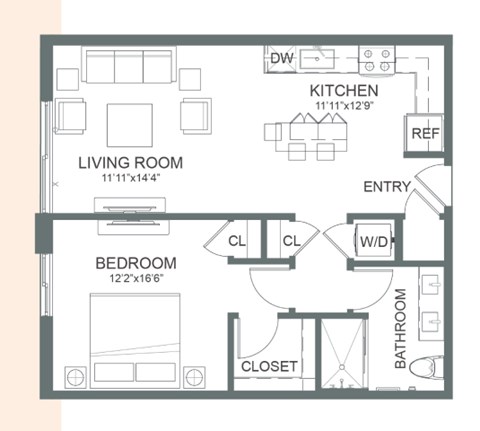 Floor plan for 1 bed, 1 bath, 725 sqft
