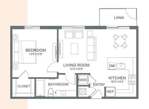 Floor plan for 1 bed, 1 bath, 728 sqft