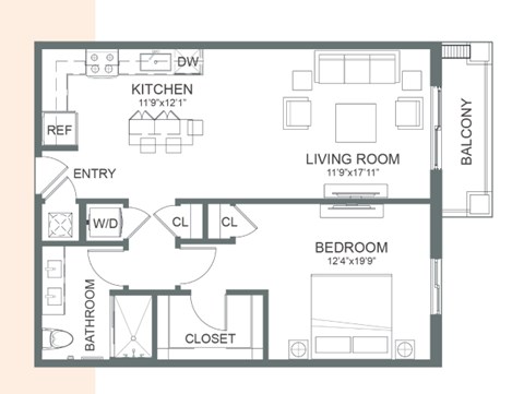 Floor plan for 1 bed, 1 bath, 800 sqft
