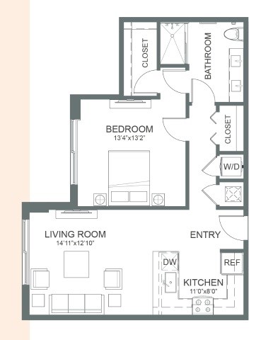 Floor plan for 1 bed, 1 bath, 801 sqft