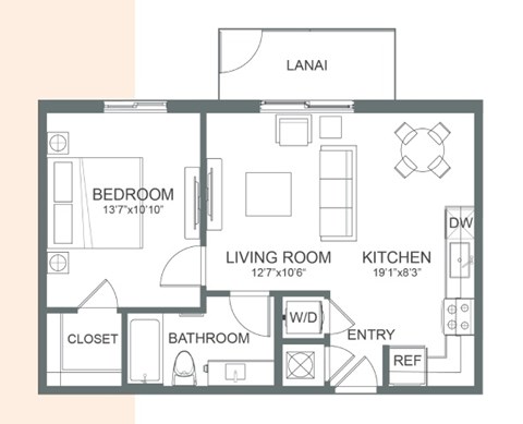 Floor plan for 1 bed, 1 bath, 625 sqft