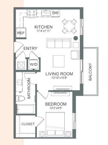 Floor plan for 1 bed, 1 bath, 629 sqft