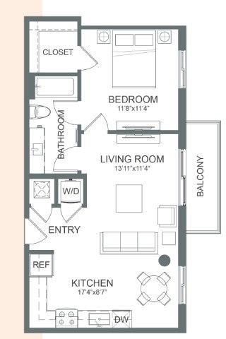 Floor plan for 1 bed, 1 bath, 672 sqft
