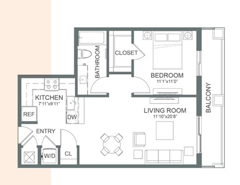Floor plan for 1 bed, 1 bath, 682 sqft