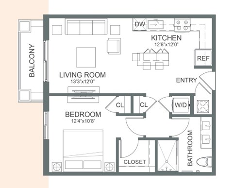 Floor plan for 1 bed, 1 bath, 683 sqft