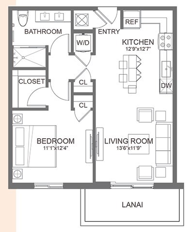 Floor plan for 1 bed, 1 bath, 692 sqft