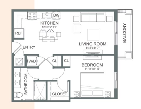 Floor plan for 1 bed, 1 bath, 703 sqft